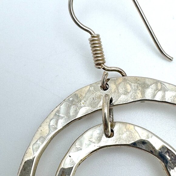 Hammered Sterling Silver Dangle Earrings Wavy Double Circle Design Vintage - Picture 8 of 8
